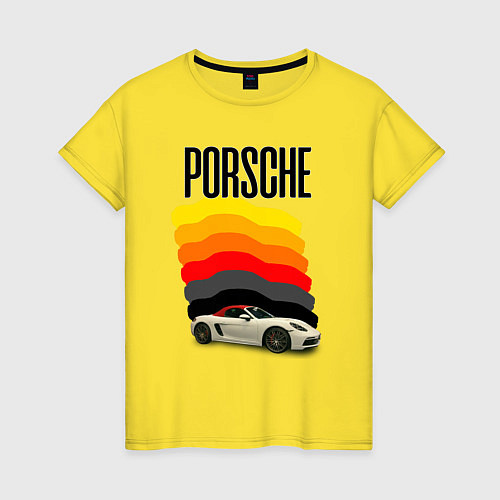 Женская футболка Автомобиль Porsche на фоне флага ФРГ / Желтый – фото 1