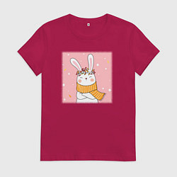 Футболка хлопковая женская Милый заяц с шарфом, цвет: маджента