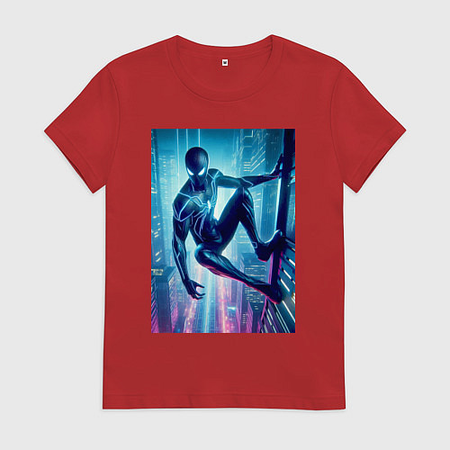 Женская футболка Чувак-паук висит на стене небоскрёба / Красный – фото 1