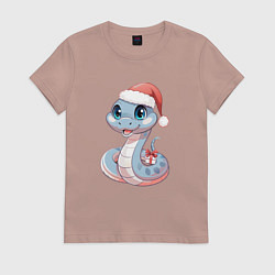 Женская футболка Голубая новогодняя змея с подарком