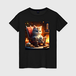 Женская футболка Уютный кот у камина с чашкой какао