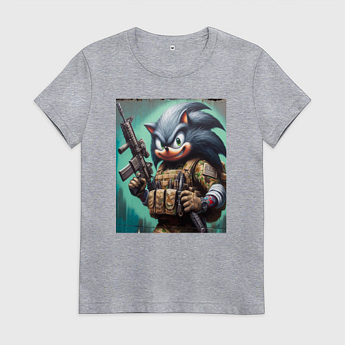 Женская футболка Ёжик Соник солдат спецназа - нейроарт / Меланж – фото 1