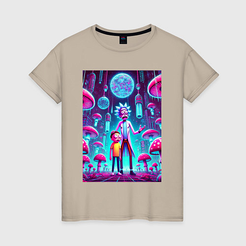 Женская футболка Rick and Morty among neon mushrooms - ai art fanta / Миндальный – фото 1