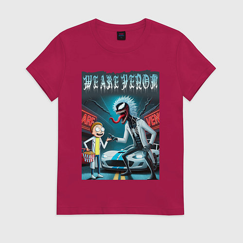 Женская футболка Веном-Рик и Морти рядом со спортивной тачкой / Маджента – фото 1
