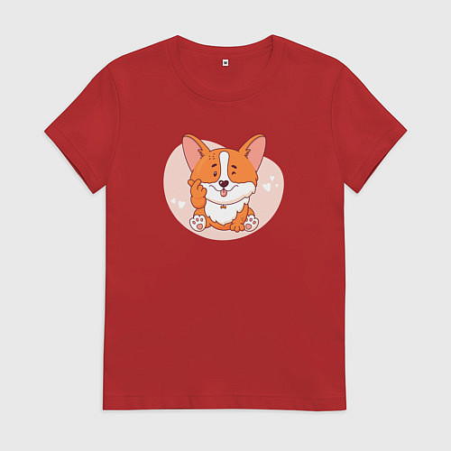 Женская футболка Щенок корги показывает лапой жест - сердечко / Красный – фото 1