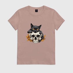 Женская футболка Кошка обнимает череп