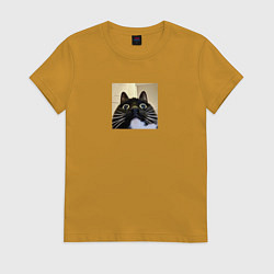 Футболка хлопковая женская Видеозвонок с котом парный мем, цвет: горчичный