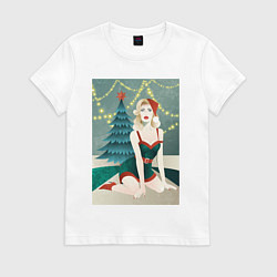 Футболка хлопковая женская Девушка в новогоднем костюме, цвет: белый