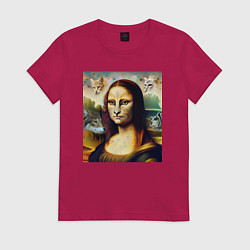 Футболка хлопковая женская Мона Лиза превращается в кошку, цвет: маджента