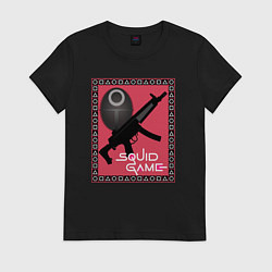 Футболка хлопковая женская Squid game gun and mask, цвет: черный