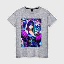 Футболка хлопковая женская Девушка поп идол в мехах, цвет: меланж