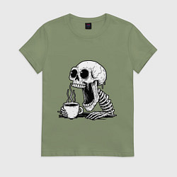Футболка хлопковая женская Skeleton with coffee, цвет: авокадо