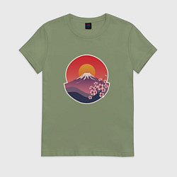 Футболка хлопковая женская Гора Фудзи с сакурой, цвет: авокадо