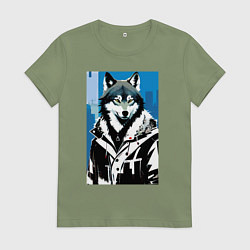 Женская футболка Волк в мегаполисе - нейроарт