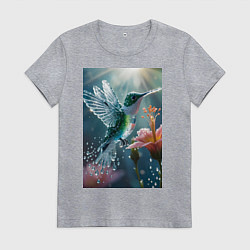 Футболка хлопковая женская Колибри летает у цветка, цвет: меланж