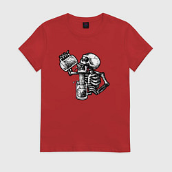 Футболка хлопковая женская Пивной скелетик, цвет: красный