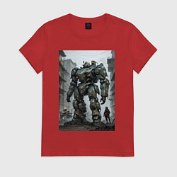 Футболка хлопковая женская Конвой роботов в городе, цвет: красный
