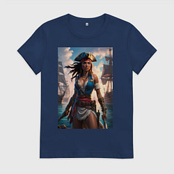 Футболка хлопковая женская Пиратка на фона флотилии кораблей, цвет: тёмно-синий
