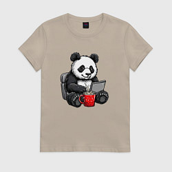 Женская футболка Панда с кофе за ноутбуком