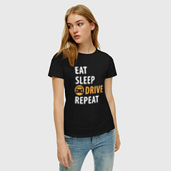 Футболка хлопковая женская Eat sleep drive, цвет: черный — фото 2