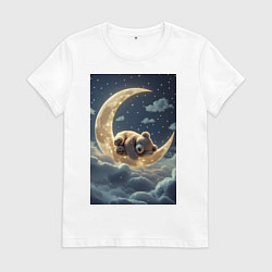 Футболка хлопковая женская Плюшевый мишка спит на Луне, цвет: белый