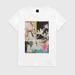 Футболка хлопковая женская Тропическая абстрактная картина, цвет: белый