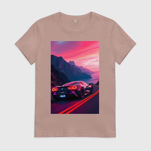 Женская футболка Суперкар едет около океана / Пыльно-розовый – фото 1