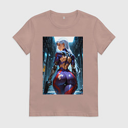 Футболка хлопковая женская Девушка с оружием в киберпанк стиле, цвет: пыльно-розовый
