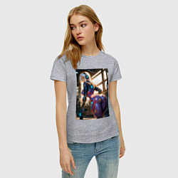 Футболка хлопковая женская Девушка с оружием в киберпанк стиле, цвет: меланж — фото 2