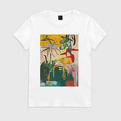 Футболка хлопковая женская Тропическая цветочная абстракция, цвет: белый