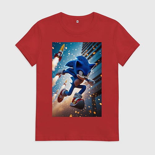 Женская футболка Соник убегает от летящих ракет / Красный – фото 1