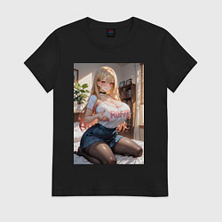 Футболка хлопковая женская Марин Китагава позирует на кровати, цвет: черный