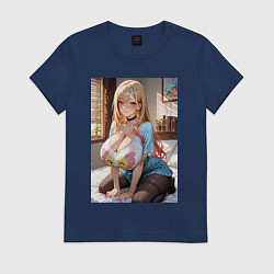 Футболка хлопковая женская Марин Китагава позирует на кровати, цвет: тёмно-синий