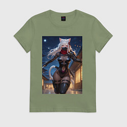 Футболка хлопковая женская Кошка-ниндзя с ножами бежит в ночи, цвет: авокадо