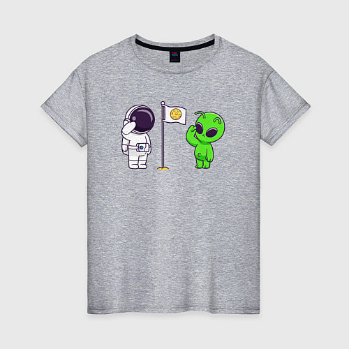 Женская футболка Космонавт и пришелец на луне / Меланж – фото 1