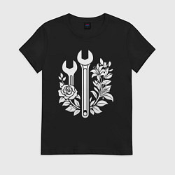 Футболка хлопковая женская Рожковые ключи в розах, цвет: черный
