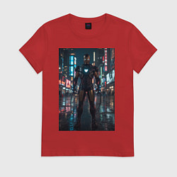 Футболка хлопковая женская Железный человек посреди ночного города, цвет: красный