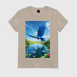 Футболка хлопковая женская Попугай ловит рыбу, цвет: миндальный
