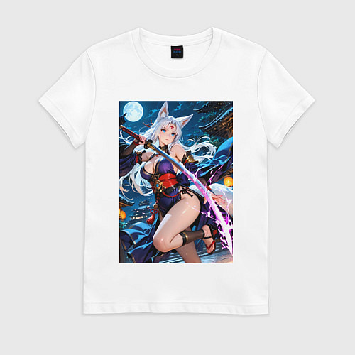 Женская футболка Лисица с катаной на фоне полной Луны / Белый – фото 1