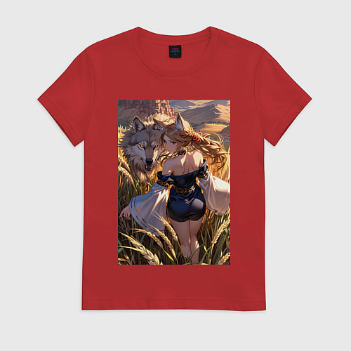 Женская футболка Девушка-волчица посреди поля пшеницы / Красный – фото 1
