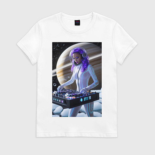 Женская футболка Девушка космо DJ на фоне сатурна / Белый – фото 1