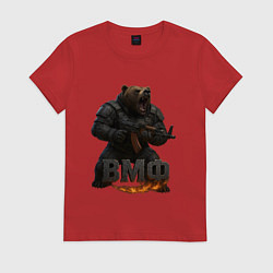 Футболка хлопковая женская ВМФ стреляющий медведь, цвет: красный