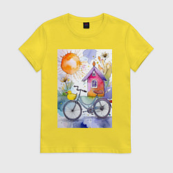 Футболка хлопковая женская Утенок на велосипеде - акварель, цвет: желтый