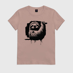 Футболка хлопковая женская Ленивец в черном штрихе, цвет: пыльно-розовый