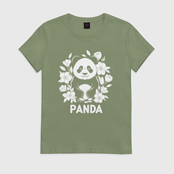 Футболка хлопковая женская Панда в цветах, цвет: авокадо
