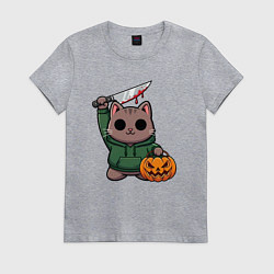 Женская футболка Котик с ножом и тыквой