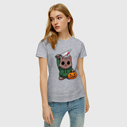 Футболка хлопковая женская Котик с ножом и тыквой, цвет: меланж — фото 2