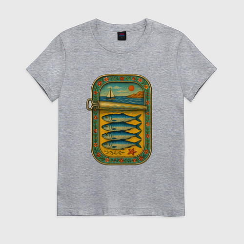 Женская футболка Консервы - сардины и море / Меланж – фото 1