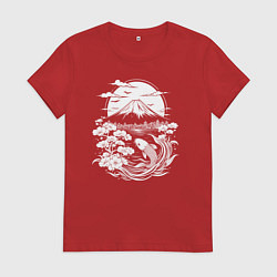 Футболка хлопковая женская Фудзи и карп кои, цвет: красный