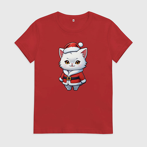 Женская футболка Белый кот дед мороз / Красный – фото 1